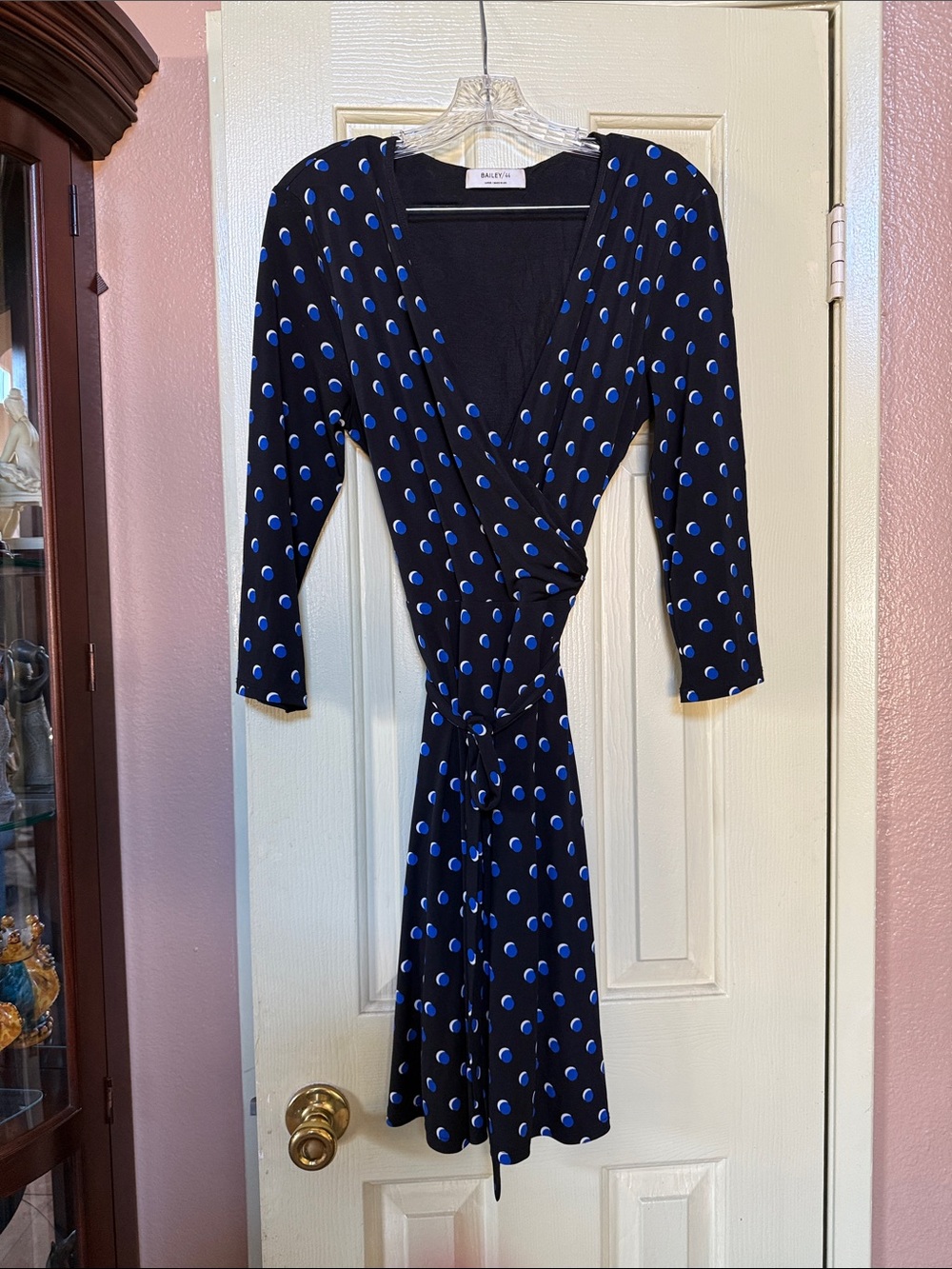 Bailey 44 Black Midi Wrap Dress with Blue Polka Dots Large